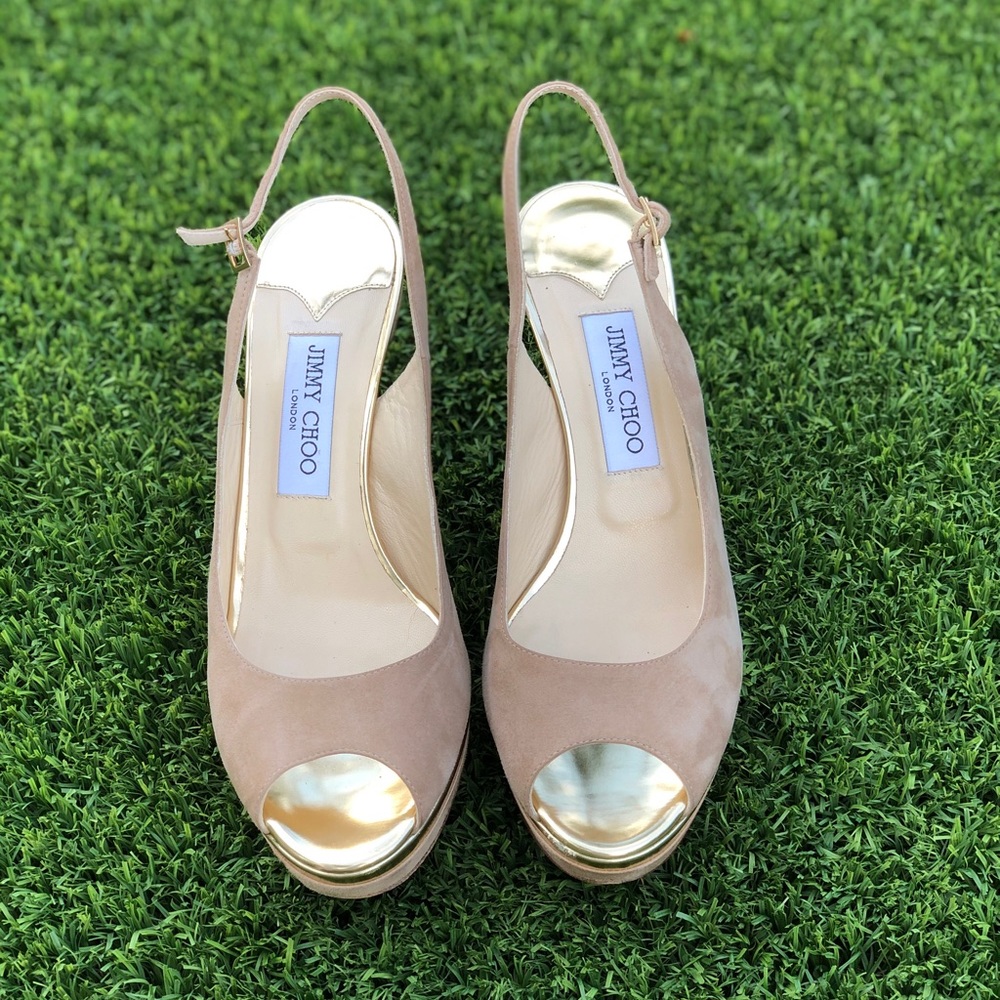 Jimmy Choo suede nude/gold peep toe heels sz 40